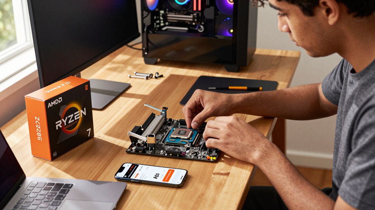 Pessoa instalando processador AMD Ryzen 7 em placa-mãe com computador e notebook na mesa.