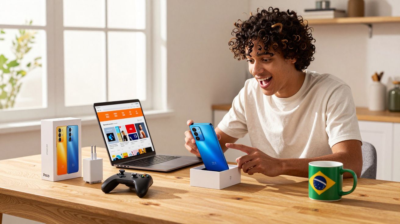 Jovem sorrindo segura smartphone azul em cima de caixa, com laptop, controle e caneca com bandeira do Brasil à sua frente.