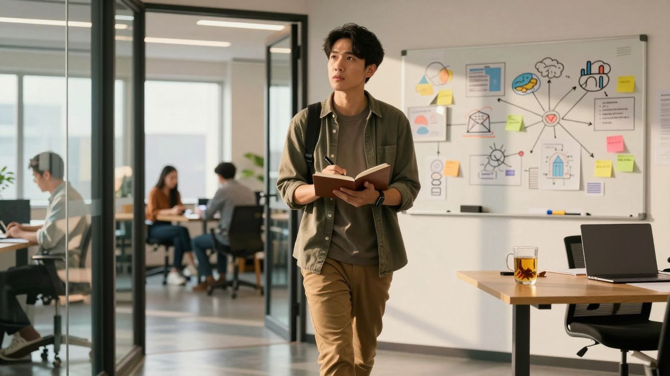Homem jovem caminhando em escritório com caderno aberto e quadro branco cheio de anotações ao fundo.