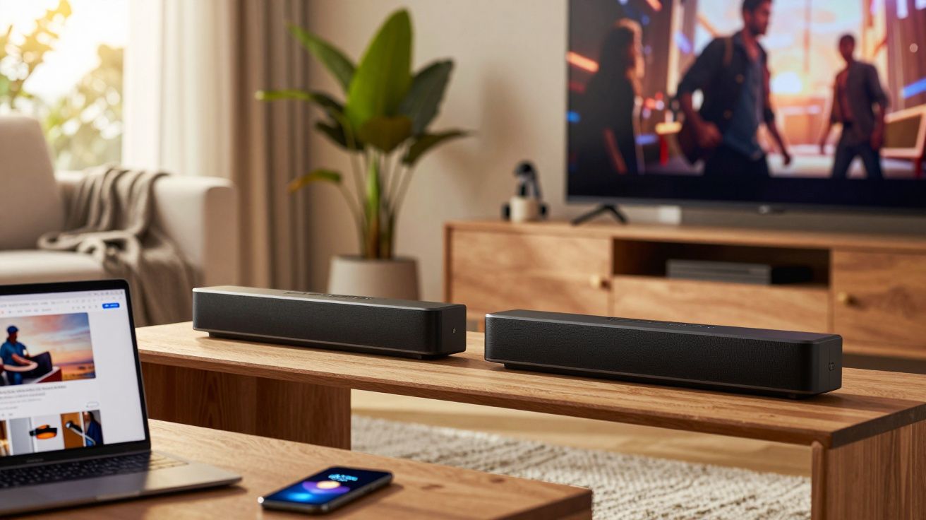 Ambiente de sala com sofá, mesa de madeira, laptop aberto, celular e duas soundbars pretas.