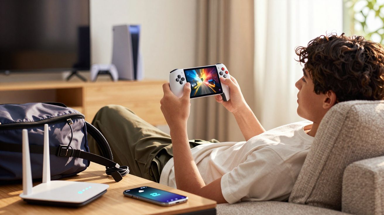 Adolescente deitado no sofá jogando videogame portátil em ambiente doméstico com mochila, roteador e celular próximos.