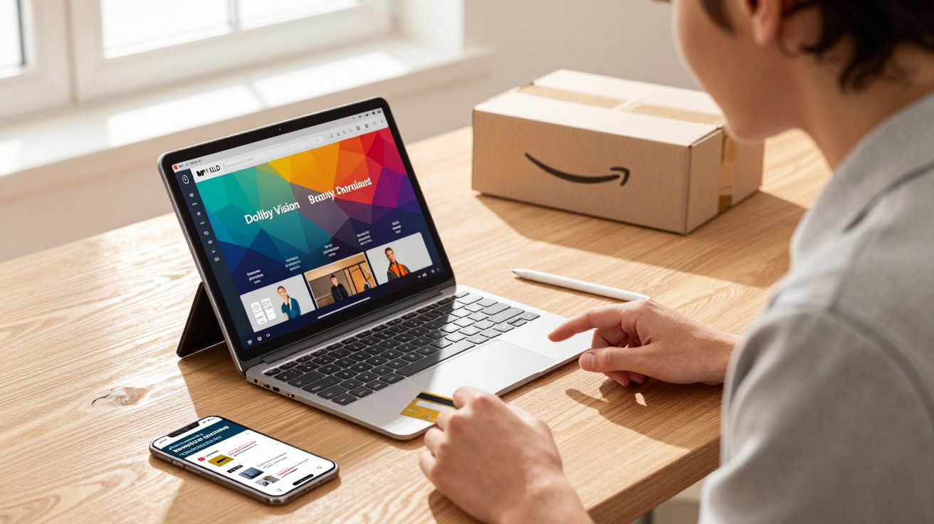 Pessoa fazendo compra online com laptop, cartão de crédito e smartphone em mesa de madeira clara.