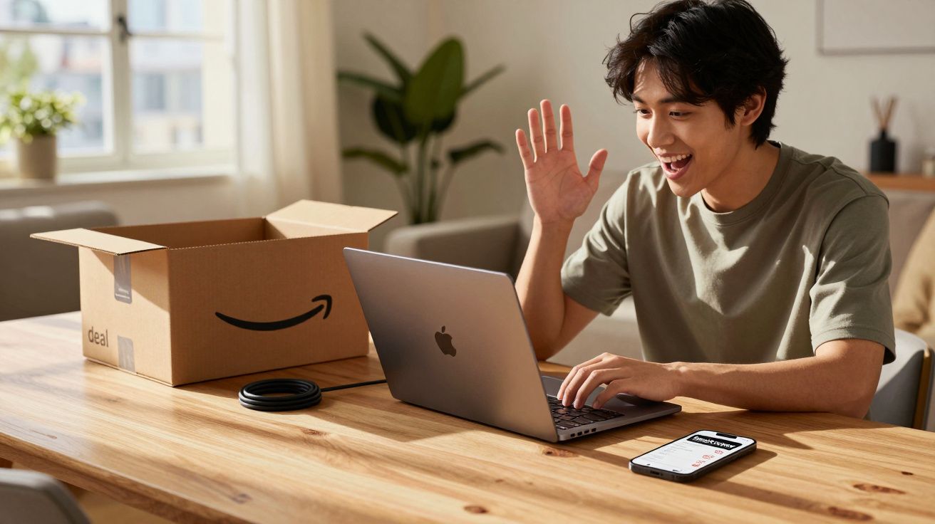 Jovem sorridente acenando para laptop em mesa com caixa da Amazon aberta ao lado em ambiente iluminado.