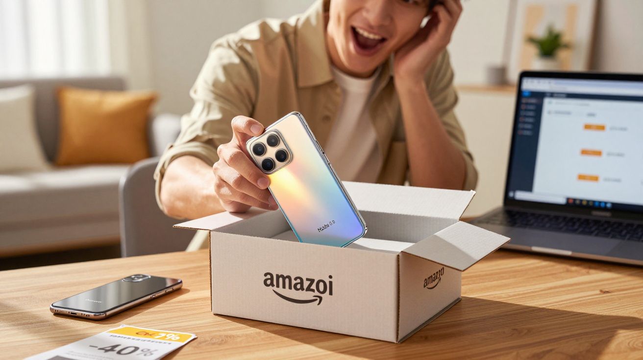 Pessoa feliz segurando smartphone recém recebido de caixa marcada com logo amazon em mesa com laptop.