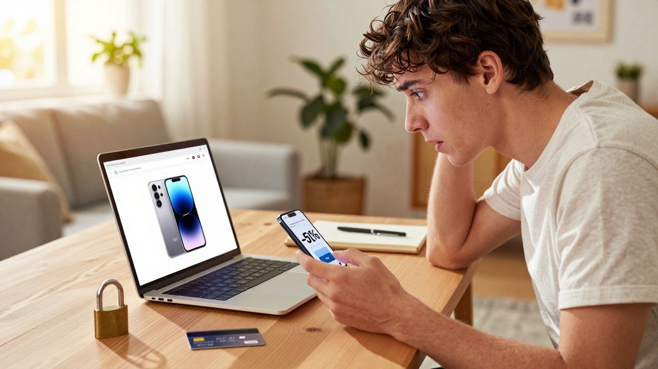 Jovem olhando celular com desconto de 50% enquanto pesquisa smartphone em laptop.