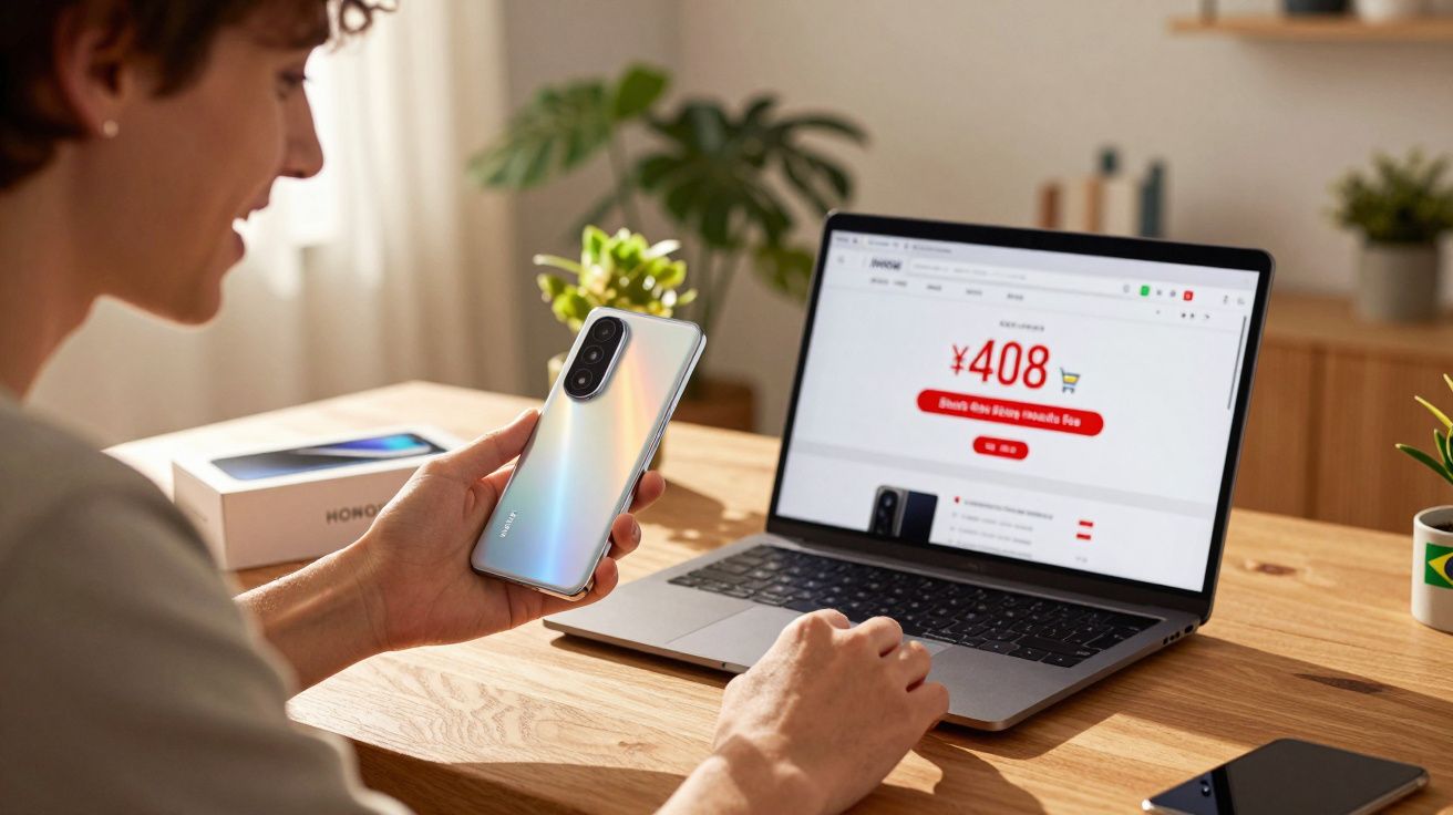 Pessoa segurando um celular e pesquisando um smartphone no site de compras em um laptop.