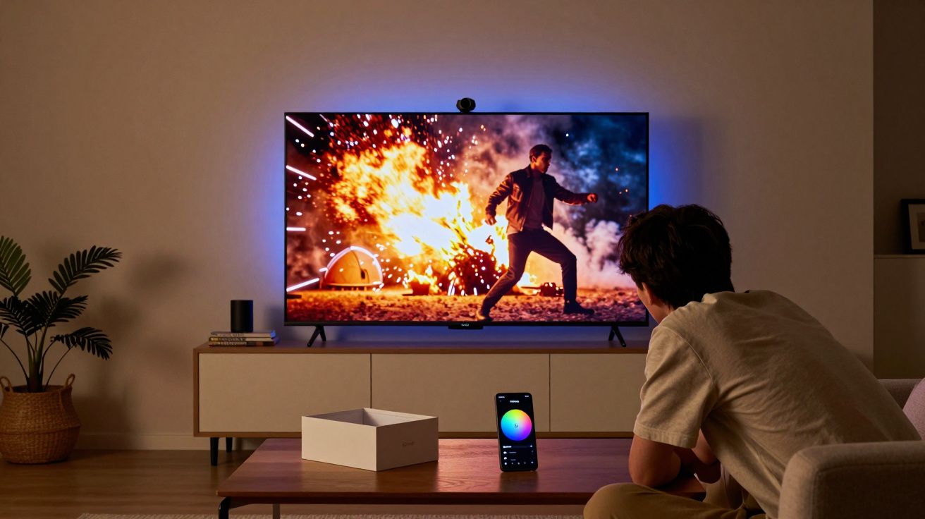 Pessoa assistindo cena de explosão em filme na TV, controle de iluminação ambiente pelo celular na sala acolhedora.