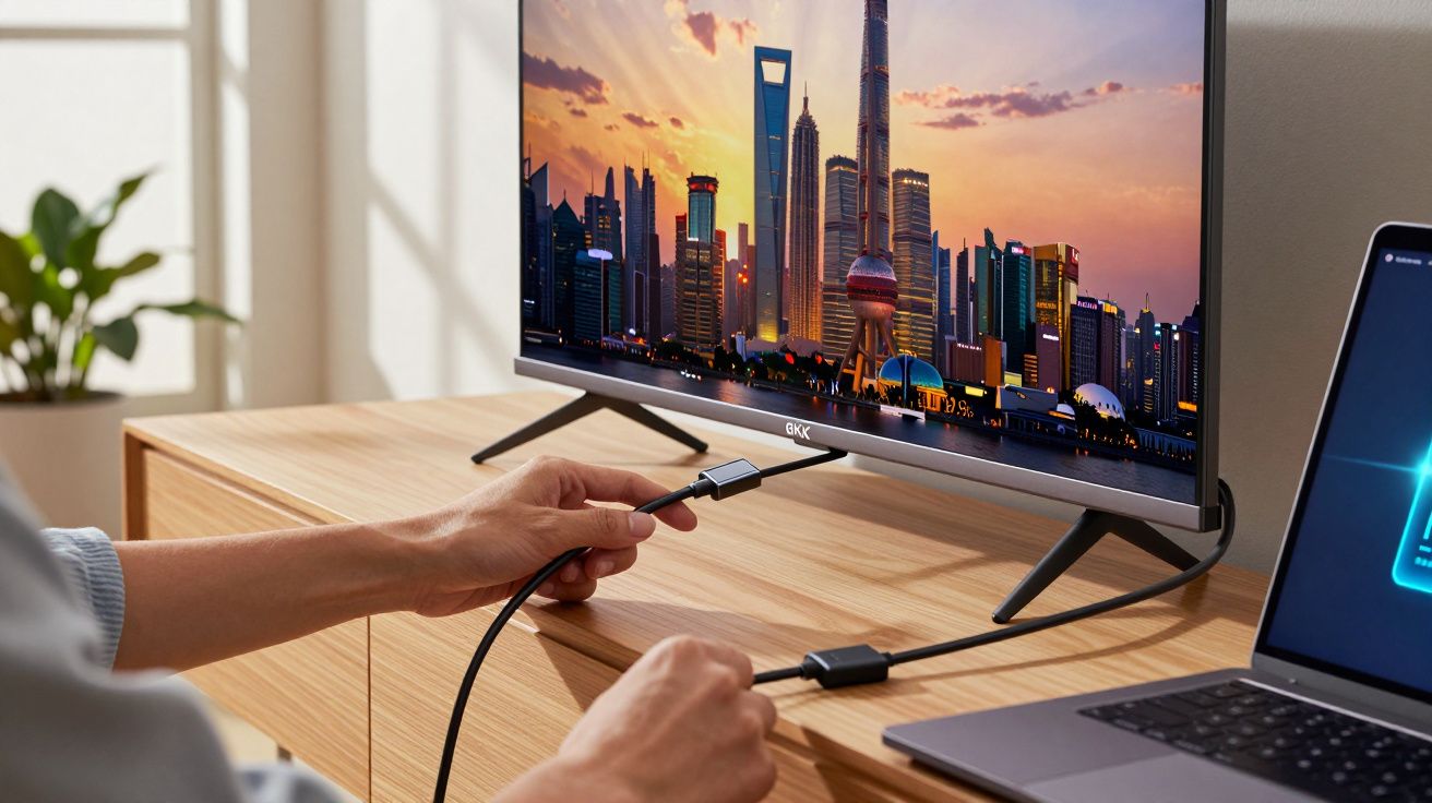 Pessoa conectando cabo HDMI em monitor com imagem de cidade ao pôr do sol, ao lado de laptop preto.