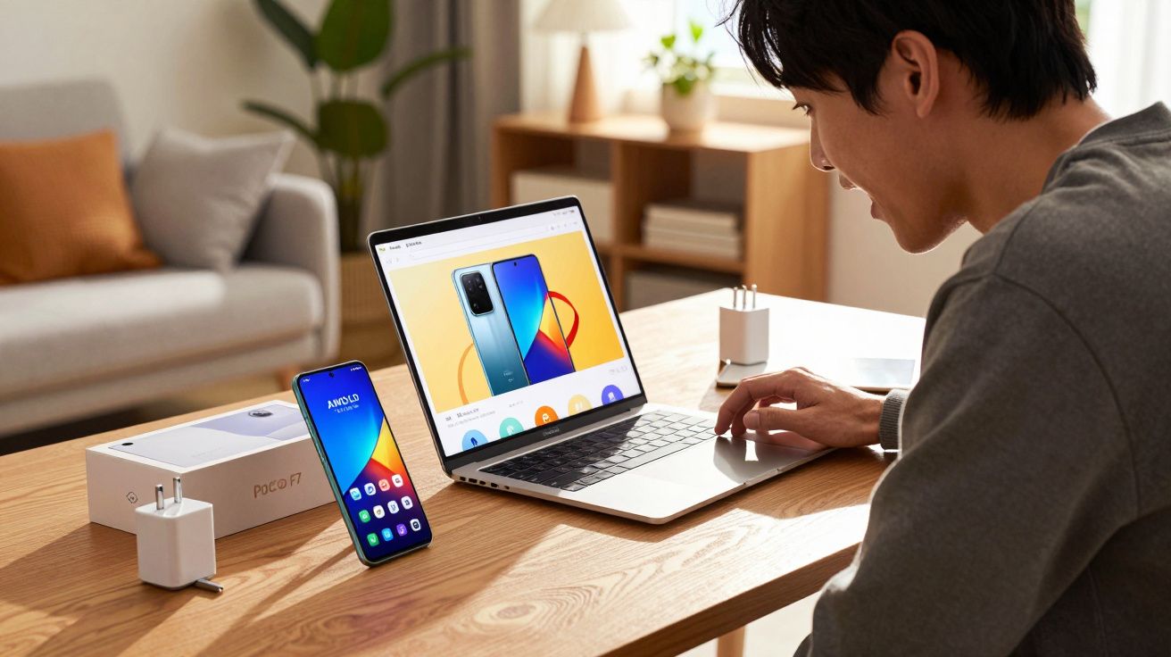 Pessoa usando laptop com site de smartphones aberto, ao lado de celular, caixa e carregador sobre mesa de madeira clara.