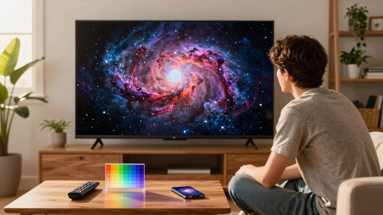 Jovem sentado assistindo a uma galáxia espiral colorida em uma televisão na sala de estar.