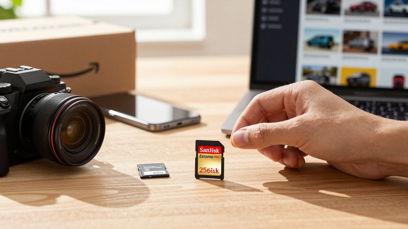 Mão segurando cartão de memória SanDisk Extreme Pro 256GB ao lado de câmera e cartão SD em mesa de madeira.