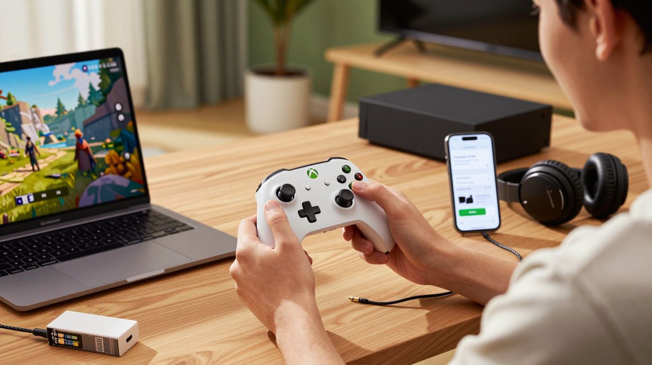 Pessoa segurando controle Xbox branco jogando videogame no laptop em mesa com fones e celular.