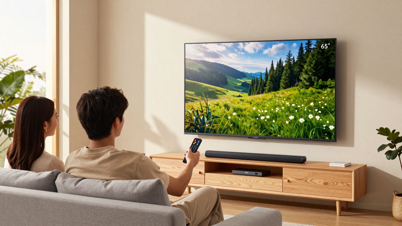 Casal assistindo TV 65" com imagem de paisagem montanhosa em sala moderna e iluminada.