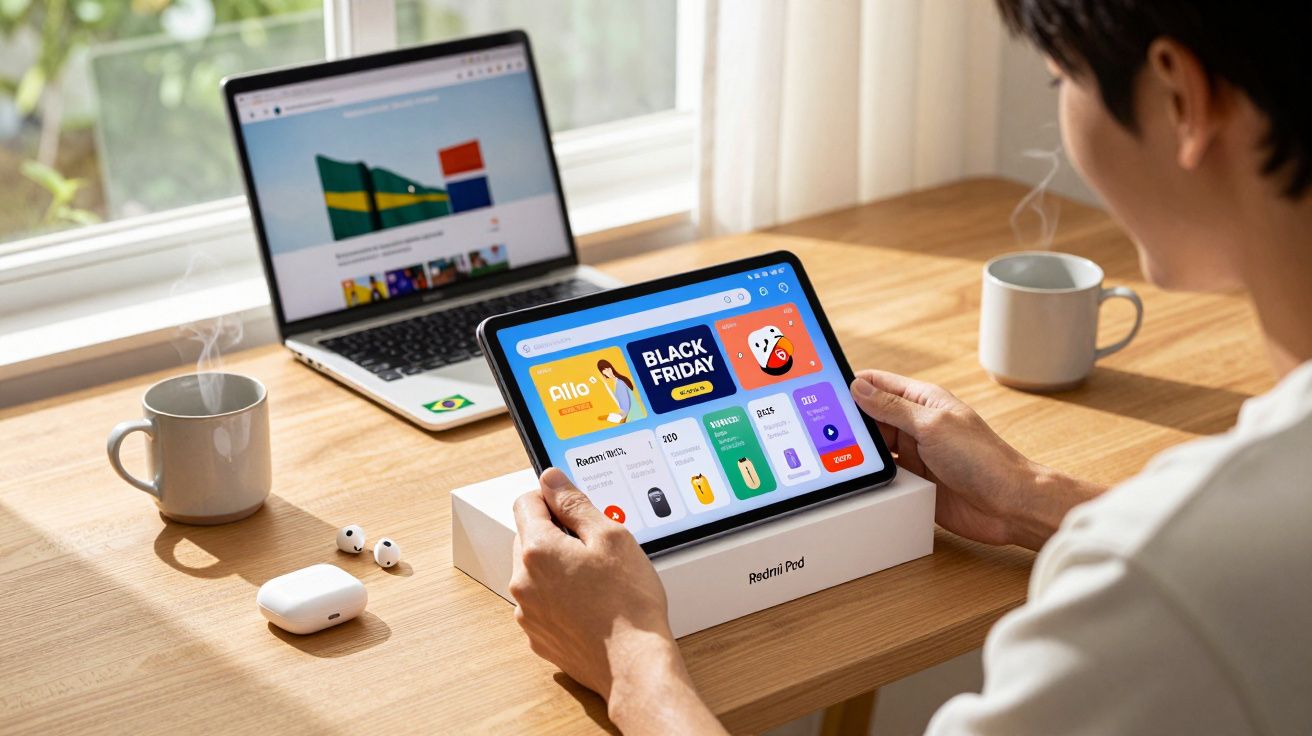 Pessoa segurando tablet com anúncio de Black Friday, notebook aberto e dois copos de café na mesa.