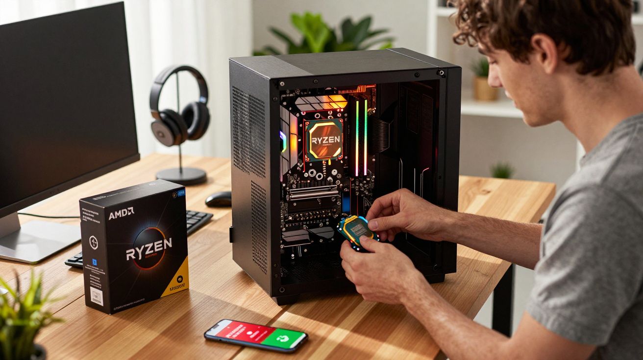 Homem montando computador com processador AMD Ryzen em área de trabalho organizada.