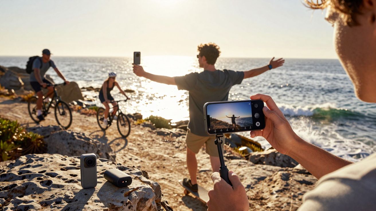 Pessoa grava selfie de amigo com selfie stick na praia enquanto outros dois andam de bicicleta próximo ao mar.