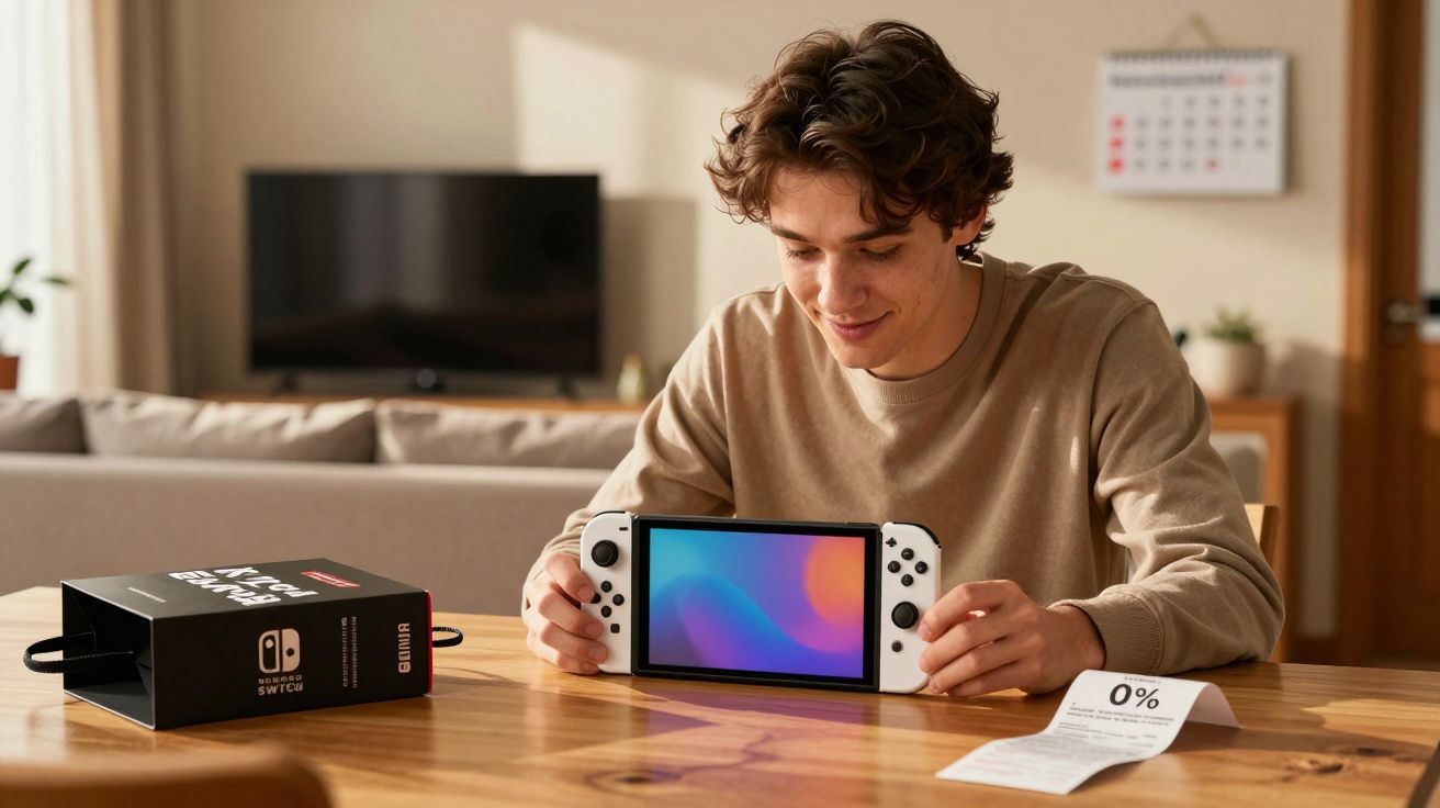 Jovem sentado à mesa segurando console Nintendo Switch OLED branco recém retirado da caixa.