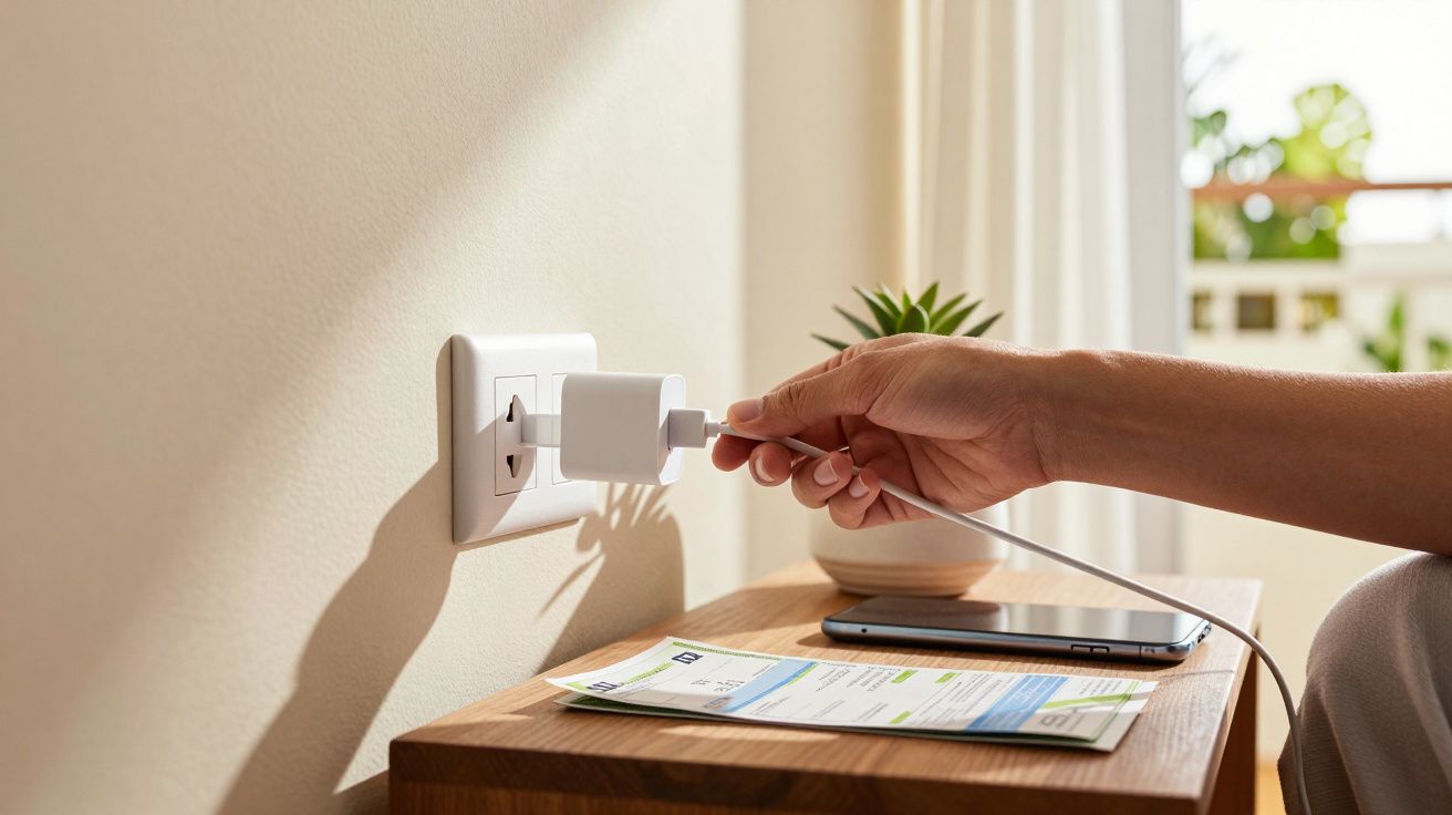 Pessoa conectando cabo USB a tomada próxima a mesa com celular, documentos e planta decorativa.