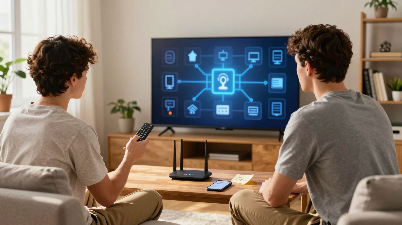 Dois jovens sentados na sala assistindo TV com controle remoto e roteador na mesa à frente.