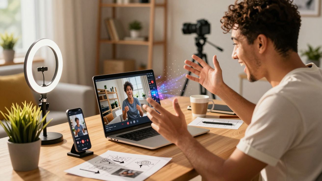 Jovem sorrindo em videochamada em laptop, com celular, anel de luz e câmera em mesa de madeira.