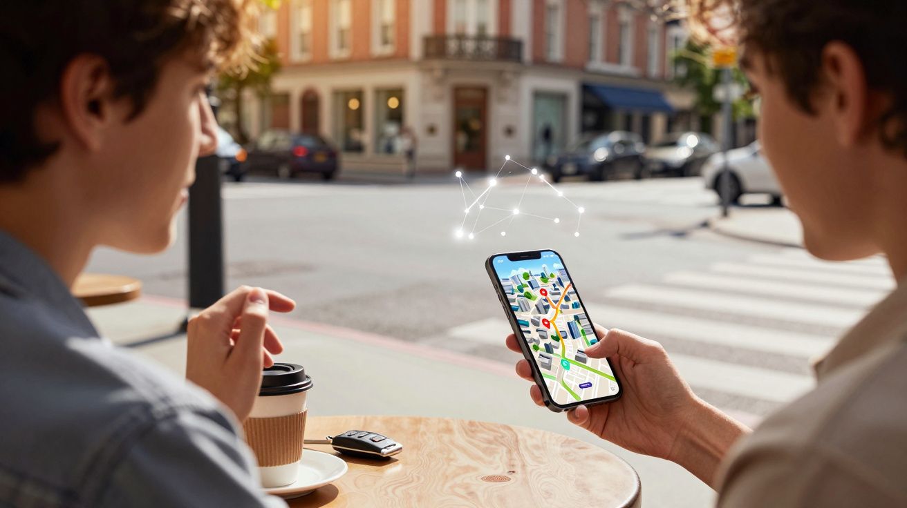 Duas pessoas sentadas em café com celular exibindo mapa digital e ícones de localização.