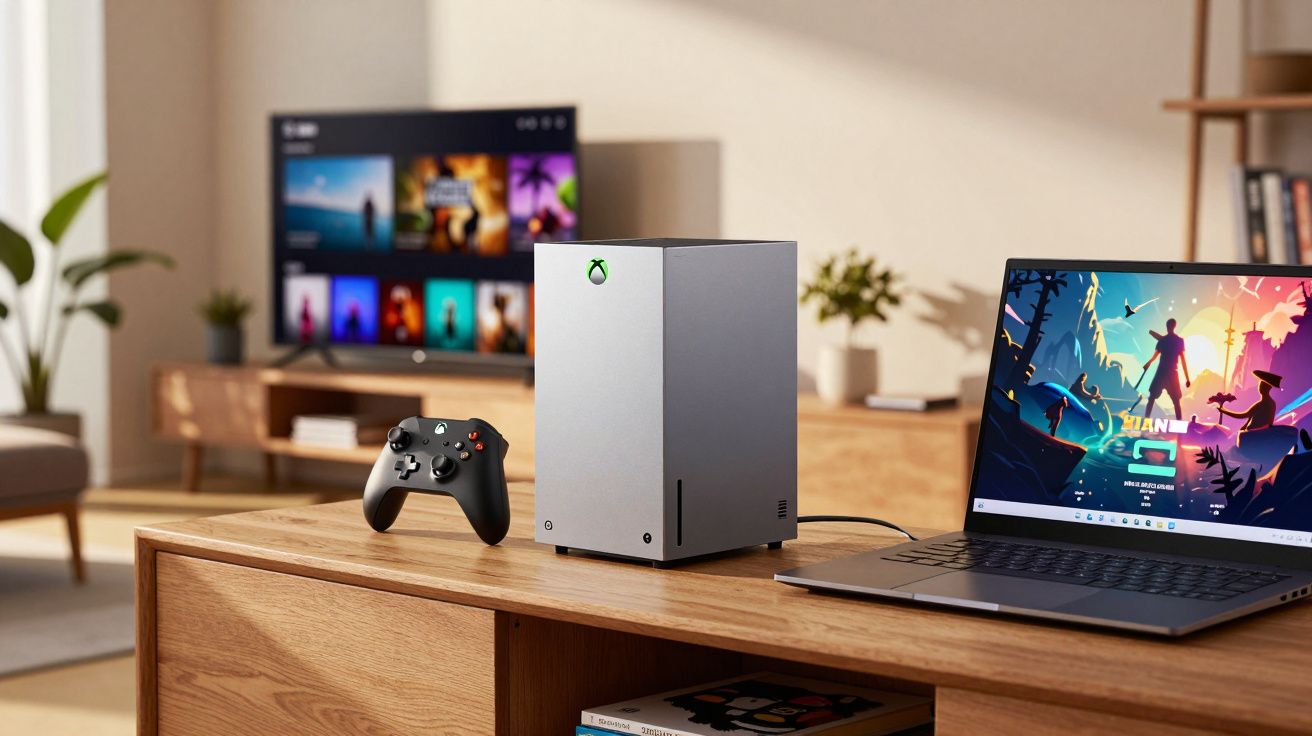 Console Xbox Series S com controle e laptop em mesa de madeira em sala moderna com TV ao fundo ligada.