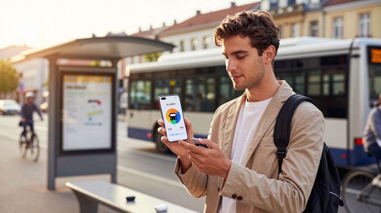 Jovem com mochila verifica aplicativo de transporte público em smartphone na parada de ônibus urbana.