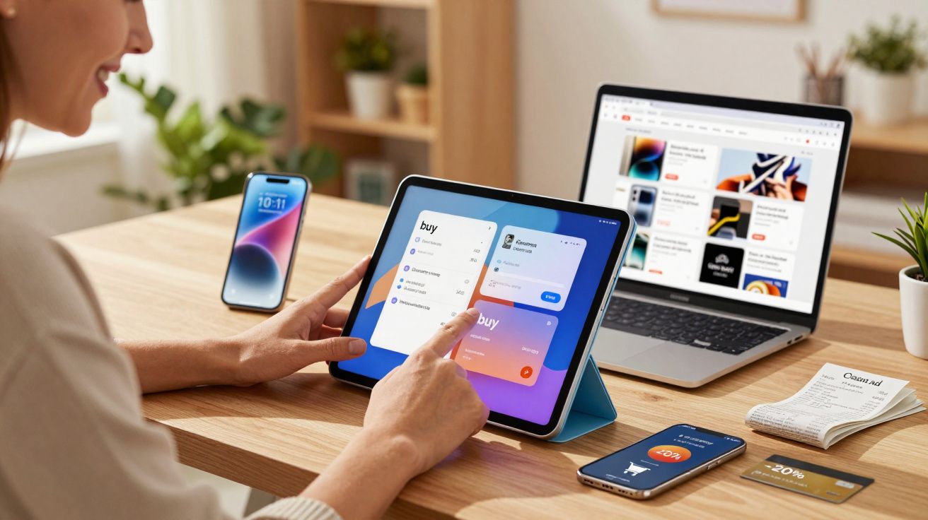 Pessoa usando tablet para fazer compras online, com celular e notebook em uma mesa organizada.