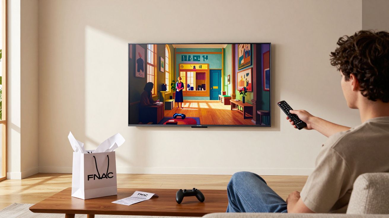 Homem assistindo TV em sala com controle remoto, mesa de centro, videogame e sacola da FNAC.