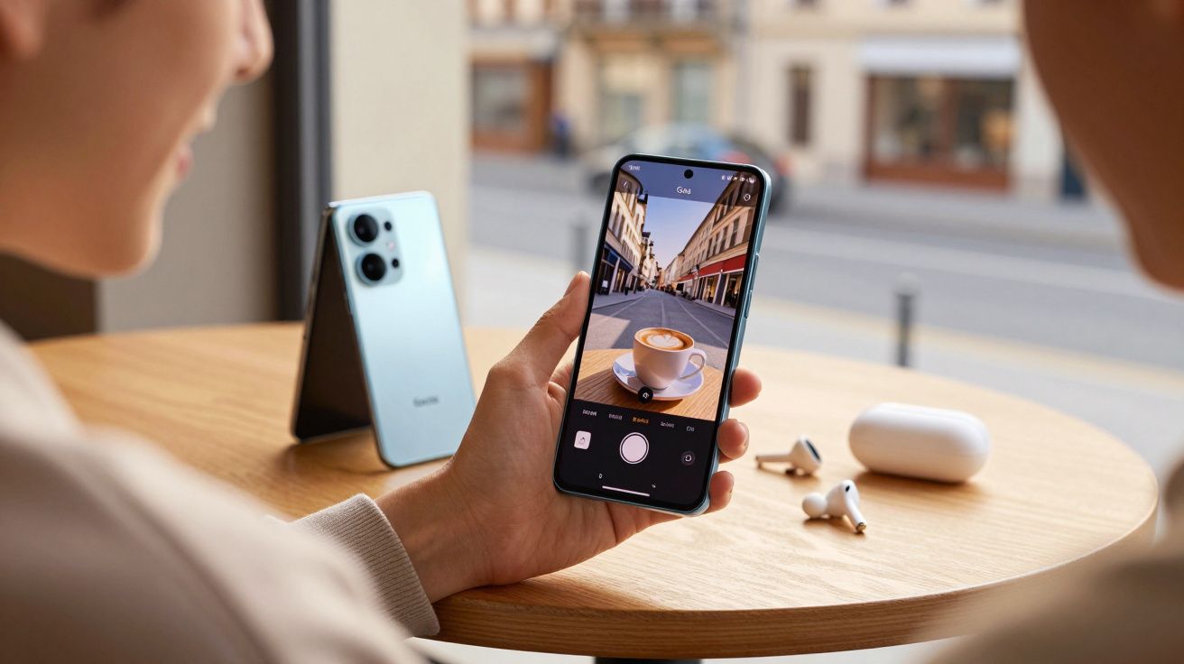 Pessoa segurando celular com foto de café em mesa ao ar livre, fones e estojo sobre mesa redonda de madeira.
