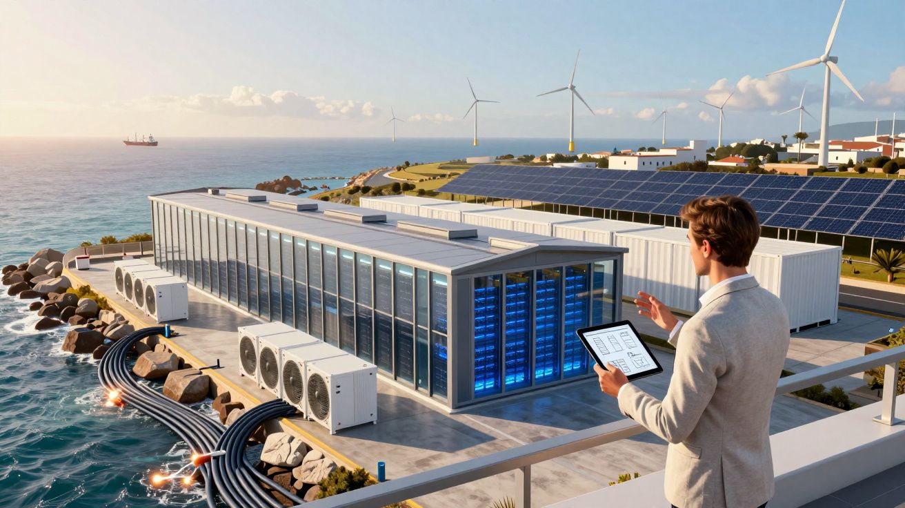 Homem observa servidores em data center sustentável com painéis solares e turbinas eólicas à beira-mar.