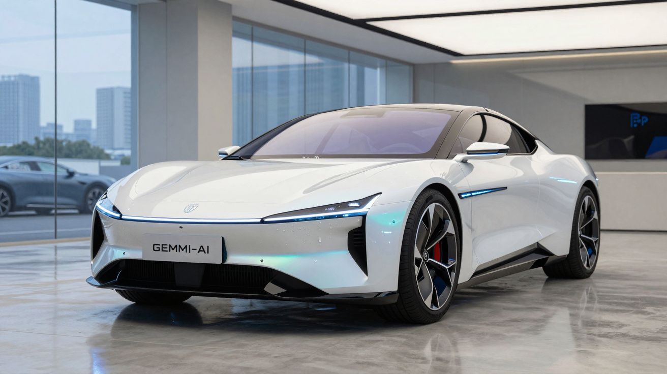 Carro esportivo elétrico branco futurista modelo GEMMII-AI em ambiente interno moderno.