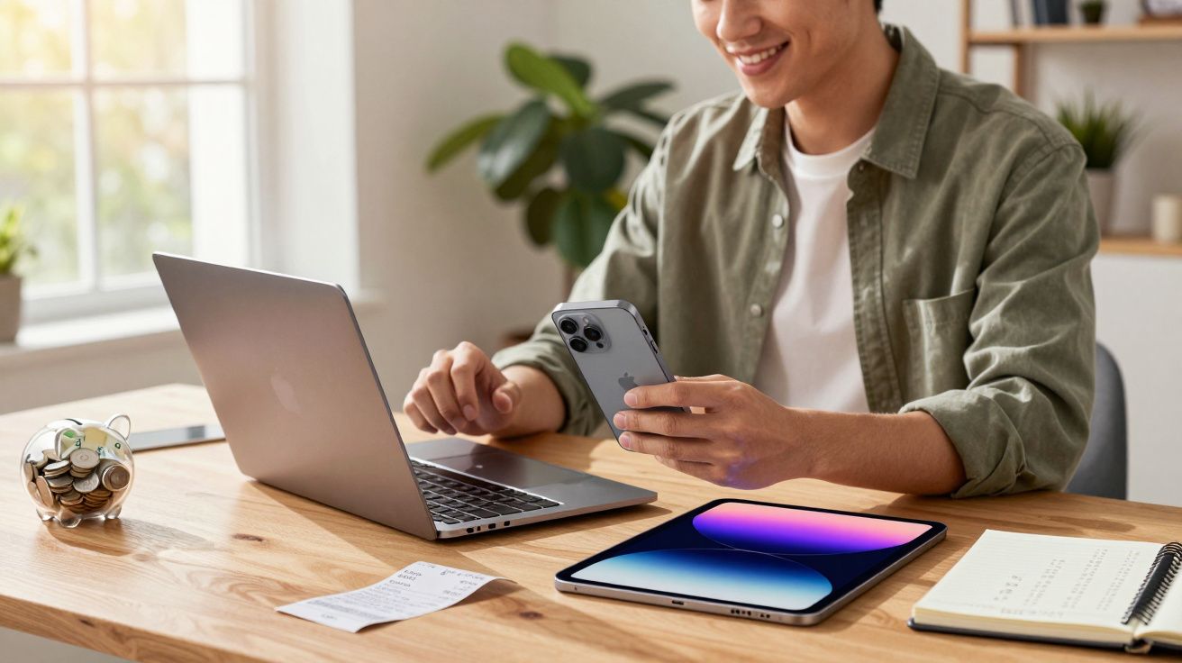 Pessoa sorridente usando smartphone e laptop em mesa com cofrinho, tablet e caderno em ambiente iluminado.