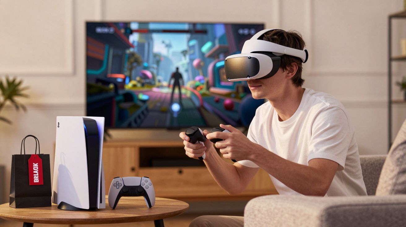 Jovem usando óculos de realidade virtual e controles jogando videogame em sala de estar moderna.