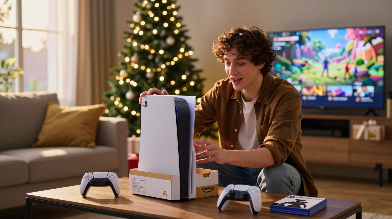Jovem feliz desembrulhando console PlayStation 5 em sala decorada com árvore de Natal ao fundo.