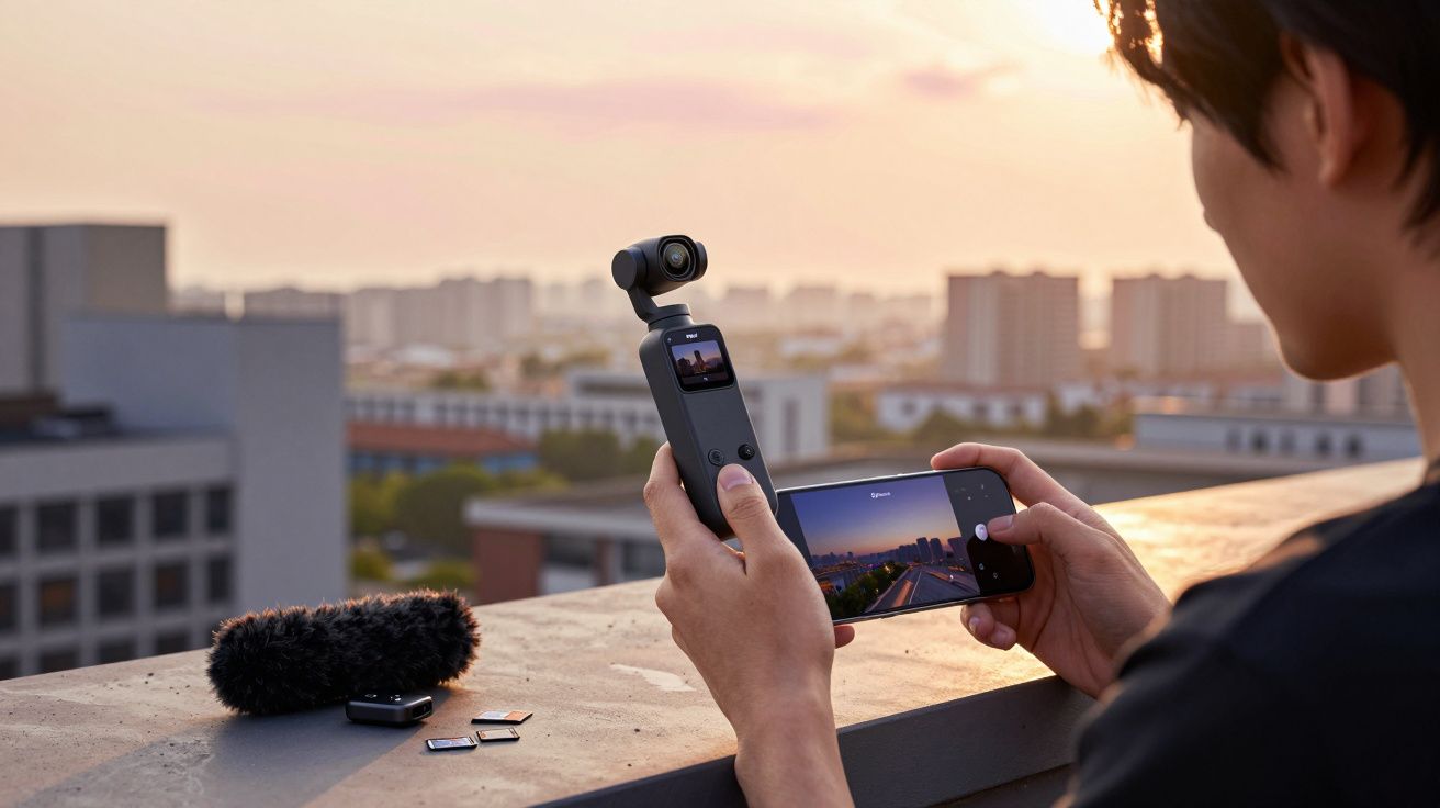 Pessoa segurando estabilizador de câmera com smartphone para gravação em ambiente urbano ao entardecer.