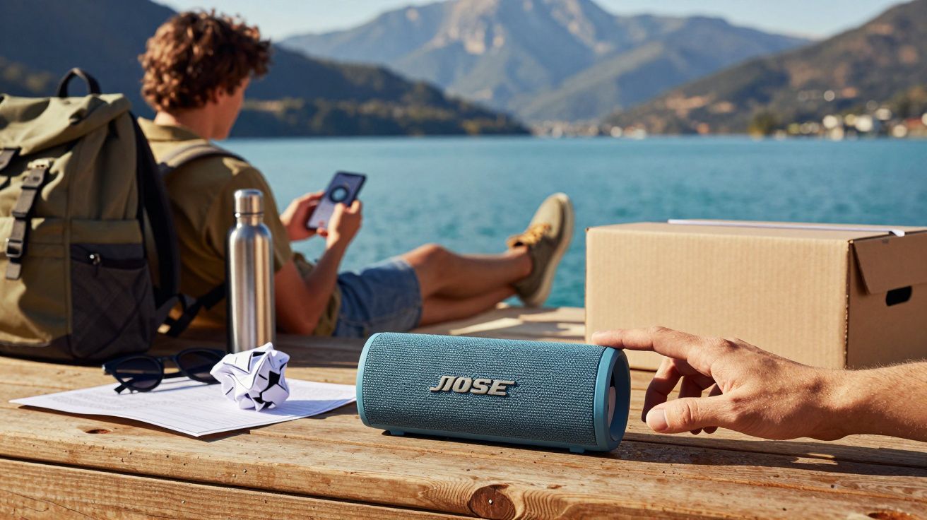 Pessoa sentada em píer perto de lago com mochila, garrafa, papel amassado e caixa de som azul portátil.