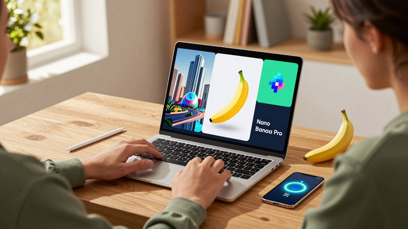 Duas pessoas usando laptop exibindo imagem de banana e smartphone com aplicativo em mesa de madeira.
