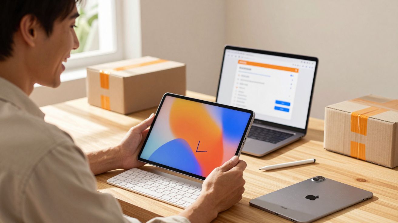 Homem segurando tablet com tela colorida em mesa com laptop, teclado, caneta e caixas de papelão.