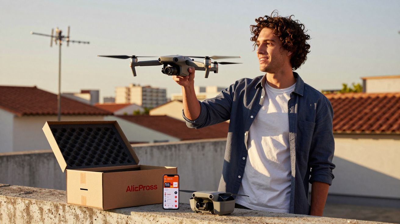 Jovem segurando drone em área externa, caixa de papelão e celular com aplicativo aberto ao lado.