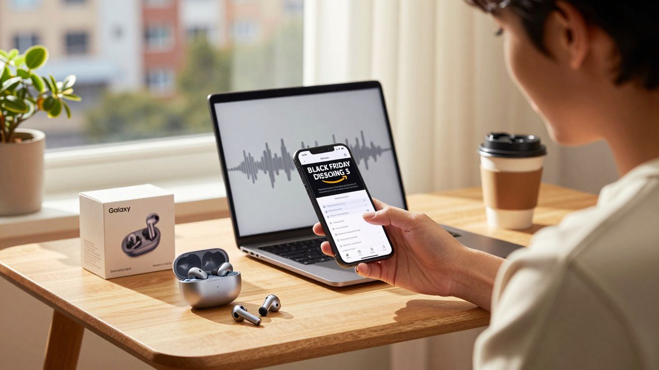 Pessoa segurando celular com site de promoções, ao lado de notebook, fones de ouvido Galaxy e xícara na mesa.