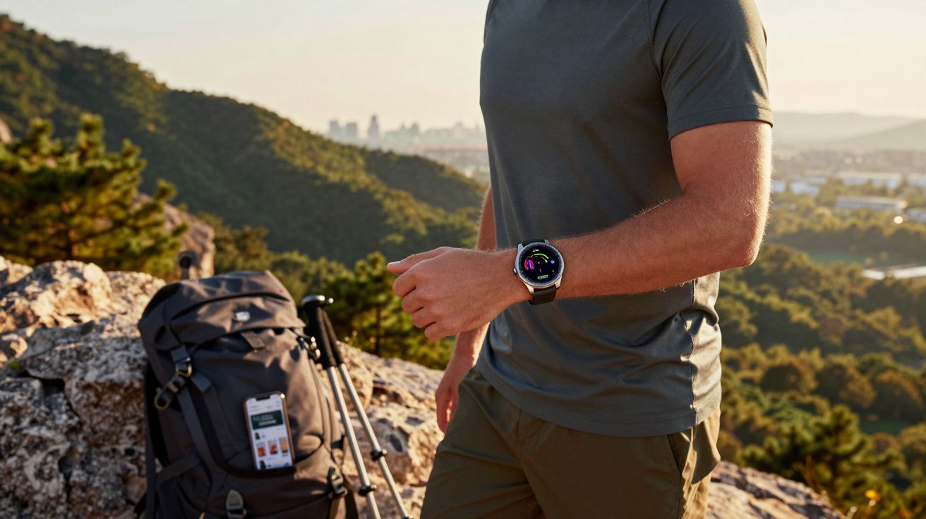 Pessoa com relógio inteligente em trilha de montanha ao entardecer, com mochila e bastões apoiados em pedras.