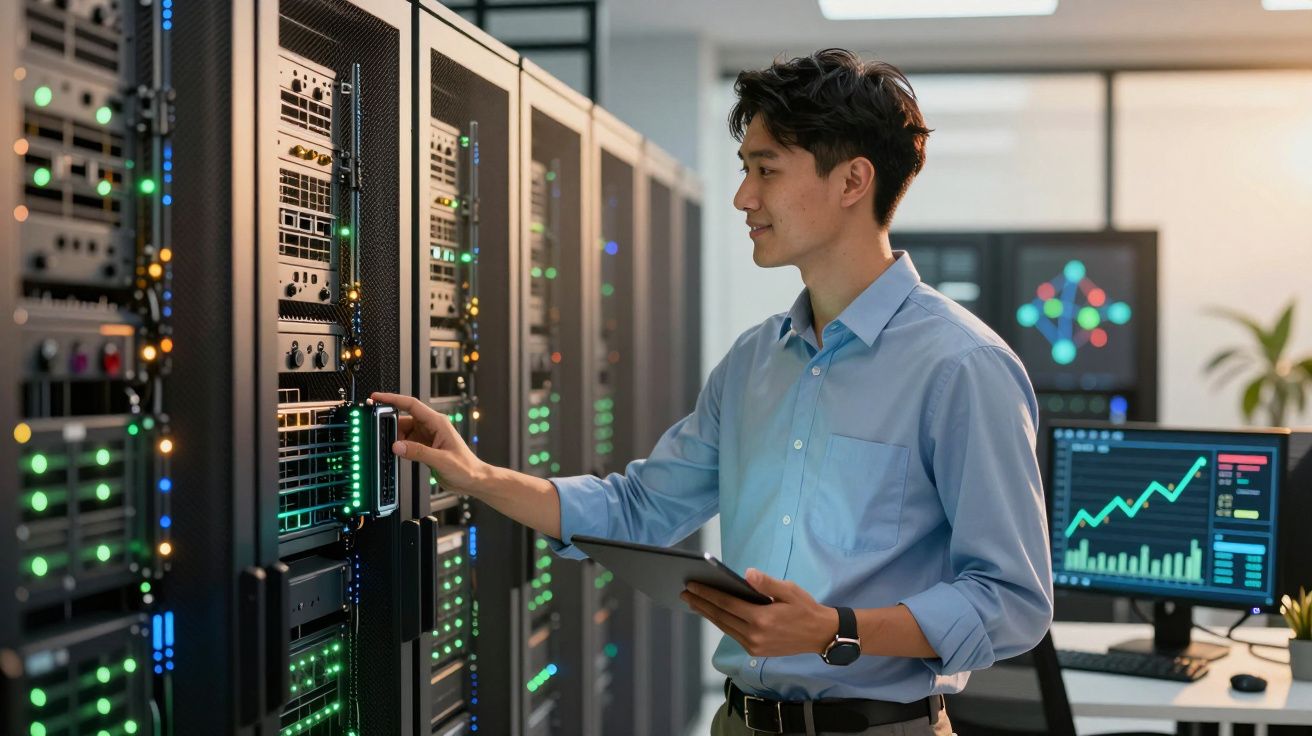 Homem jovem monitora servidores em data center segurando tablet com tela de gráficos ao fundo.