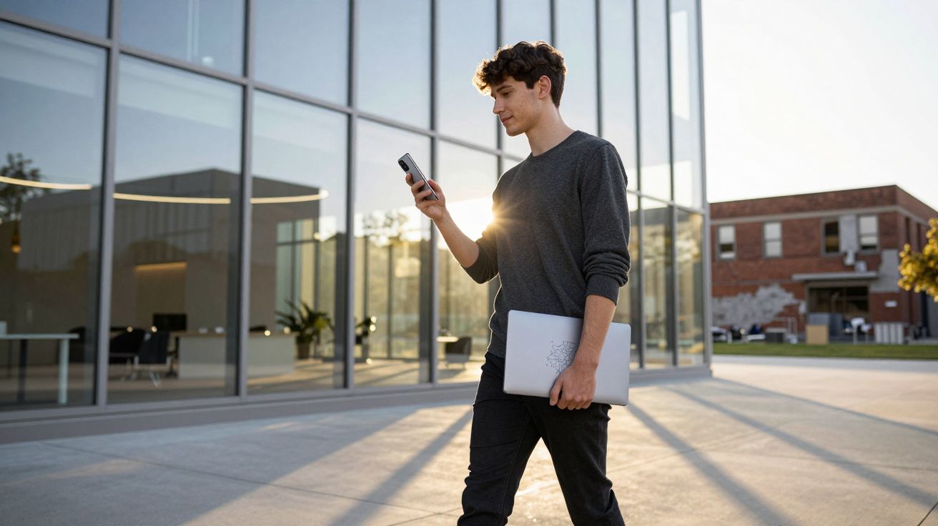 Jovem caminhando ao ar livre segurando notebook e olhando para celular com edifício moderno ao fundo.