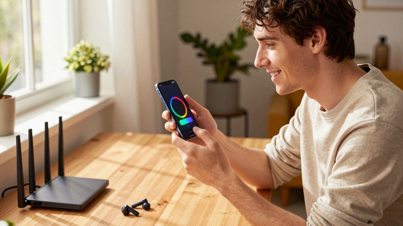 Homem sorridente usando smartphone para ajustar configurações de luz colorida em mesa com roteador e fones.