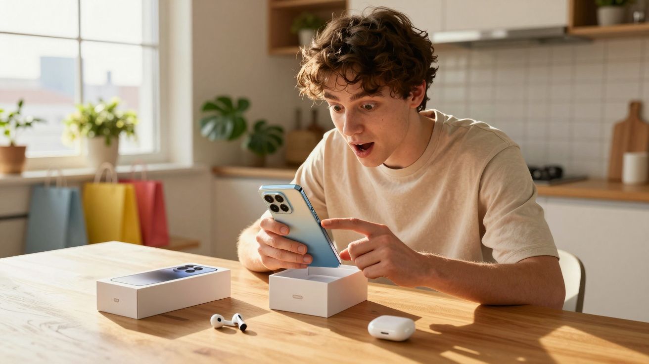 Jovem surpreso usando smartphone novo na cozinha, com caixa e fones de ouvido sobre a mesa de madeira.