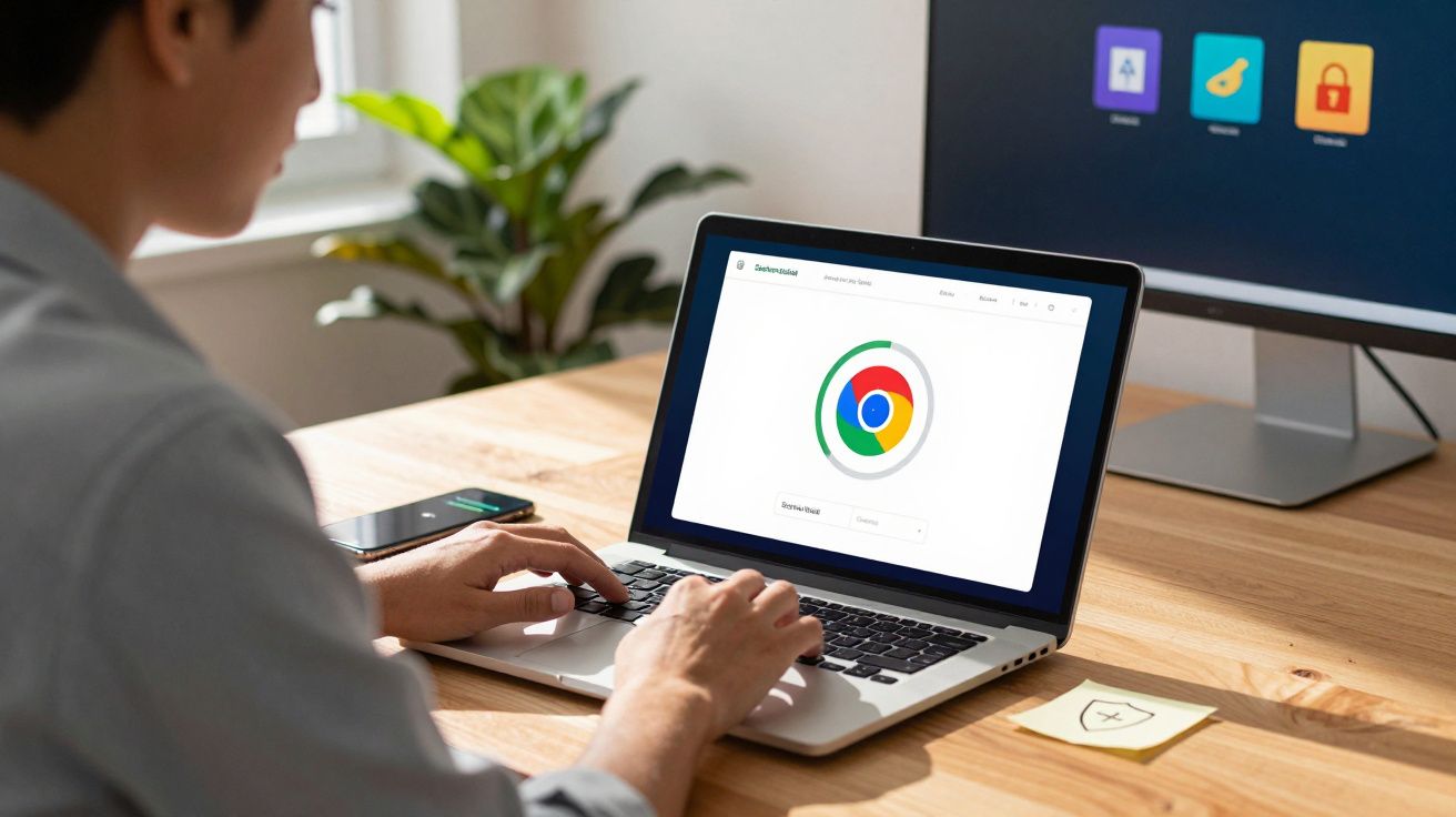 Pessoa usando laptop com tela do navegador Google Chrome aberta em mesa de madeira com celular e monitor.