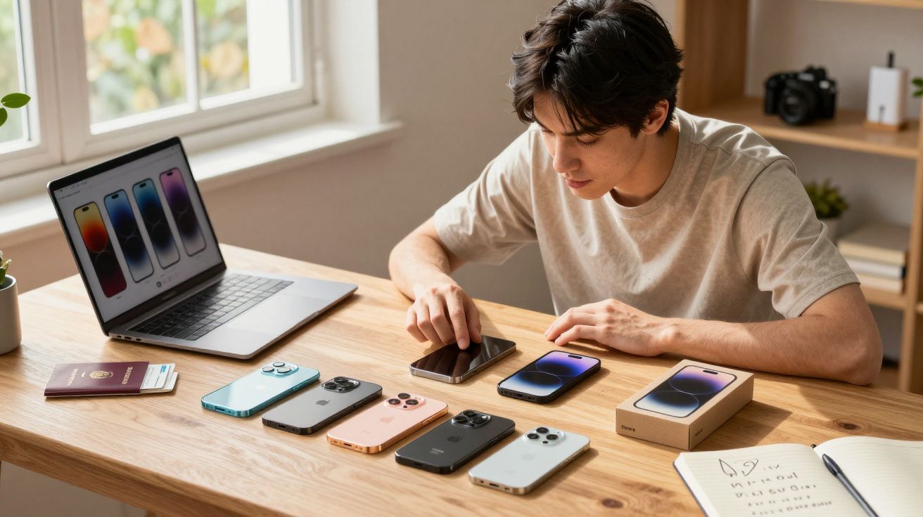 Jovem sentado em mesa com vários modelos de smartphones e notebook aberto com imagens de celulares.