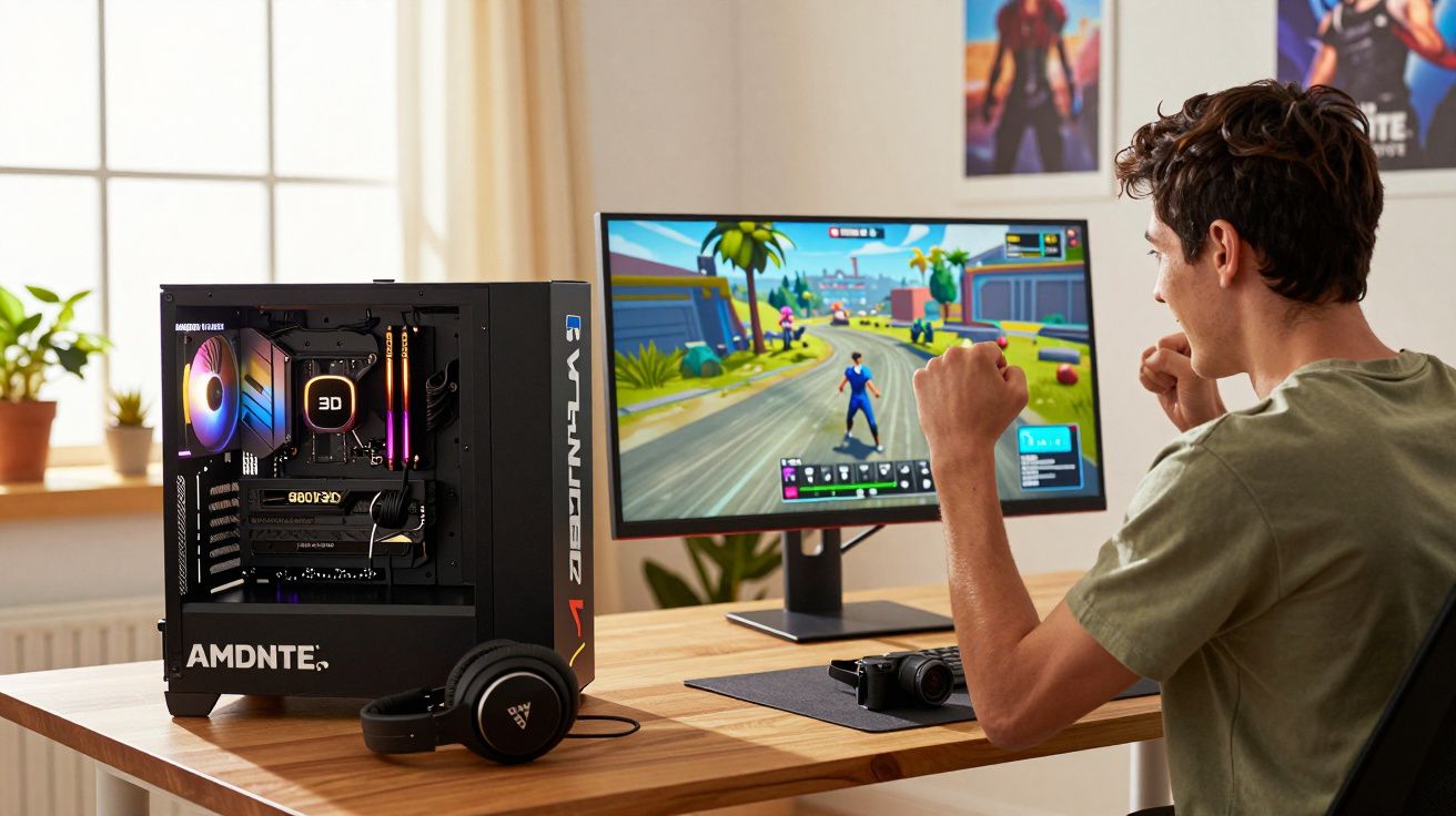 Jovem animado jogando videogame em computador gamer com fones sobre a mesa em escritório iluminado.