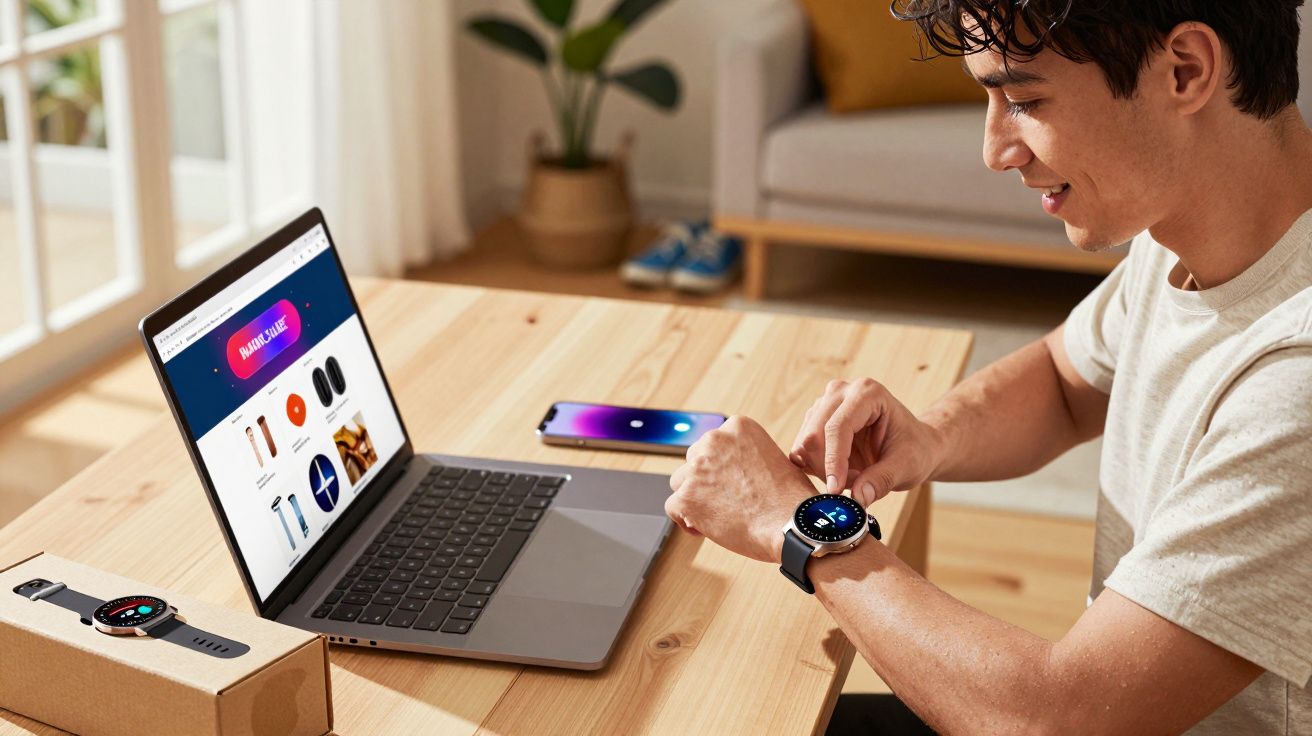 Homem usando smartwatch e laptop em mesa de madeira com smartphone e caixa de relógio ao lado.